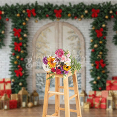 Lofaris Rustic Christmas Door Photography Backdrop White Brick Wall with Garland Farmhouse Holiday Photo Background