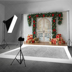 Lofaris Rustic Christmas Door Photography Backdrop White Brick Wall with Garland Farmhouse Holiday Photo Background
