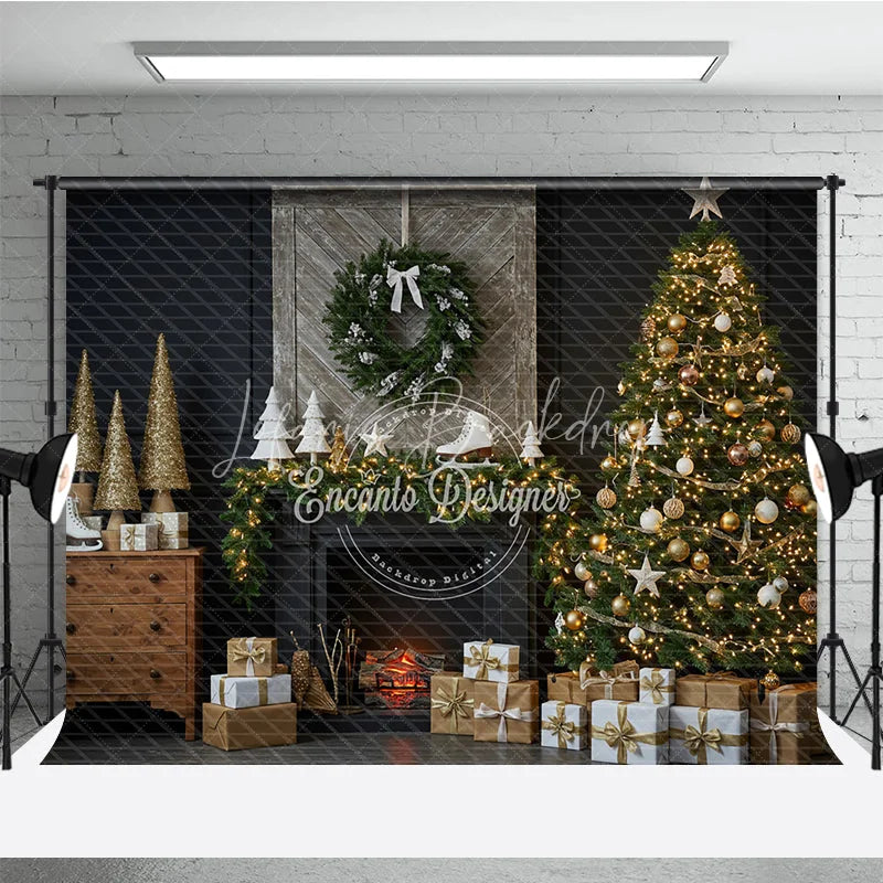 Lofaris Rustic Christmas Fireplace Photography Backdrop Barn Door Mantle with Skates Farmhouse Holiday Photo Background