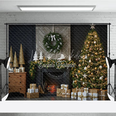 Lofaris Rustic Christmas Fireplace Photography Backdrop Barn Door Mantle with Skates Farmhouse Holiday Photo Background