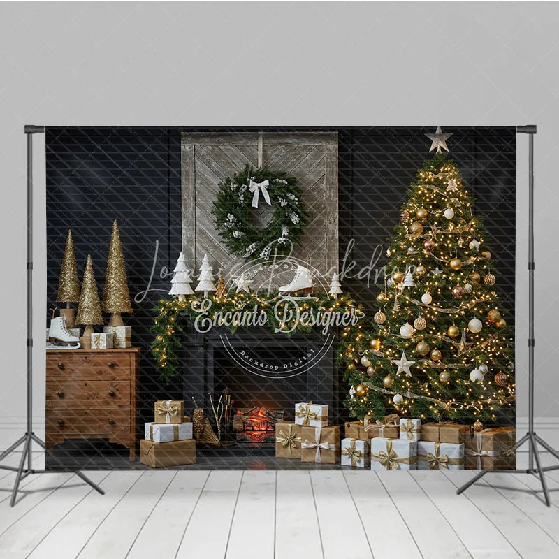 Lofaris Rustic Christmas Fireplace Photography Backdrop Barn Door Mantle with Skates Farmhouse Holiday Photo Background