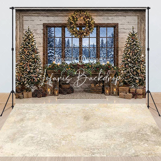Lofaris Rustic Christmas Fireplace Snowy Window Combo Set Backdrop with Decorated Trees and Holiday Garland