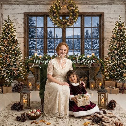 Lofaris Rustic Christmas Fireplace Snowy Window Combo Set Backdrop with Decorated Trees and Holiday Garland