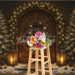Lofaris Rustic Christmas Front Door Photography Backdrop Snowy Porch with Garland and Lanterns Holiday Photo Background