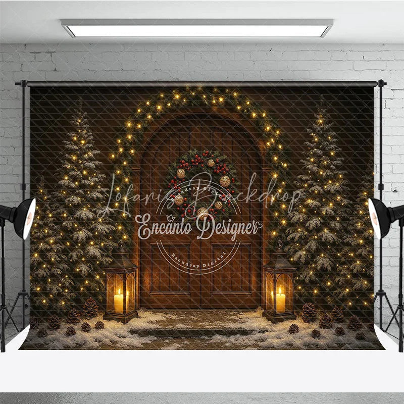 Lofaris Rustic Christmas Front Door Photography Backdrop Snowy Porch with Garland and Lanterns Holiday Photo Background