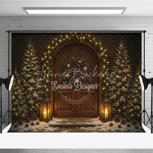 Lofaris Rustic Christmas Front Door Photography Backdrop Snowy Porch with Garland and Lanterns Holiday Photo Background