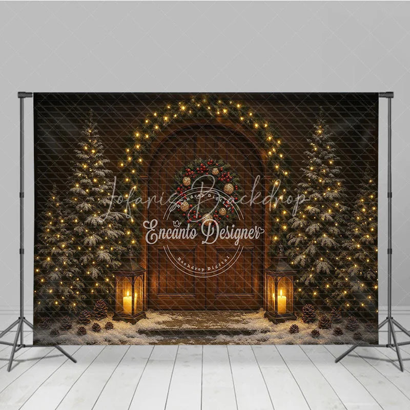 Lofaris Rustic Christmas Front Door Photography Backdrop Snowy Porch with Garland and Lanterns Holiday Photo Background