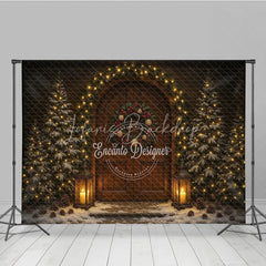 Lofaris Rustic Christmas Front Door Photography Backdrop Snowy Porch with Garland and Lanterns Holiday Photo Background