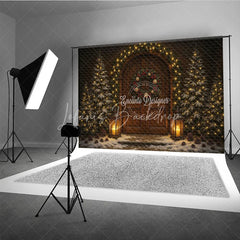 Lofaris Rustic Christmas Front Door Photography Backdrop Snowy Porch with Garland and Lanterns Holiday Photo Background