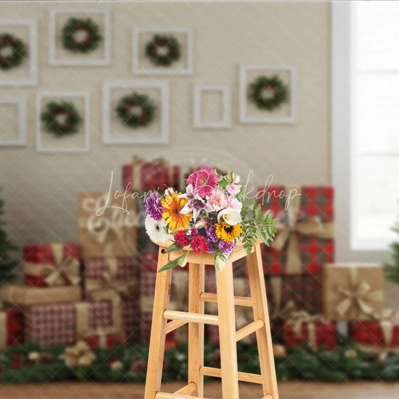 Lofaris Rustic Christmas Gallery Wall Photography Backdrop Plaid Presents and Wreaths Farmhouse Holiday Background