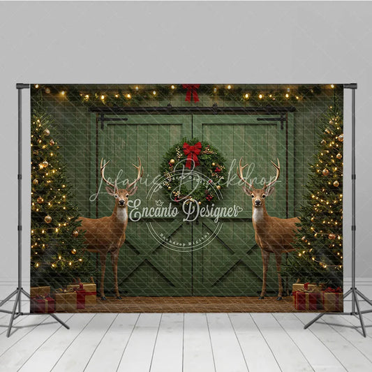 Lofaris Rustic Christmas Green Barn Door Combo Set Backdrop Reindeer with Flocked Trees and Wood Floor Holiday Photo Studio