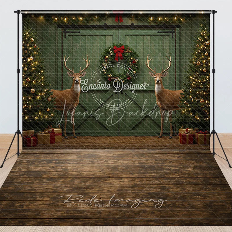 Lofaris Rustic Christmas Green Barn Door Combo Set Backdrop Reindeer with Flocked Trees and Wood Floor Holiday Photo Studio