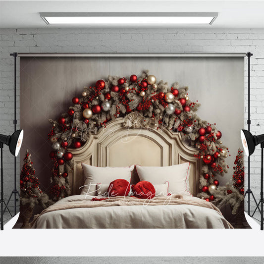 Lofaris Rustic Christmas Headboard Photography Backdrop Frosted Garland with Red Ornaments Farmhouse Bedroom Photo Prop