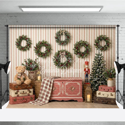 Lofaris Rustic Christmas Holiday Backdrop with Evergreen Wreaths Flocked Tree and Vintage Suitcases for Festive Photos