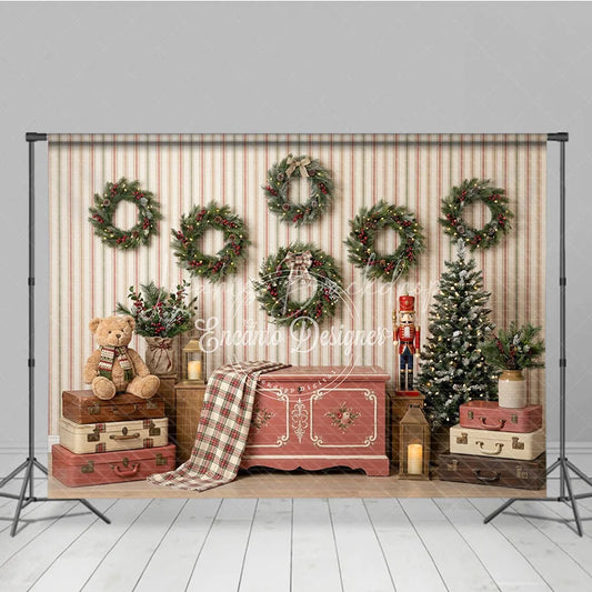 Lofaris Rustic Christmas Holiday Backdrop with Evergreen Wreaths Flocked Tree and Vintage Suitcases for Festive Photos