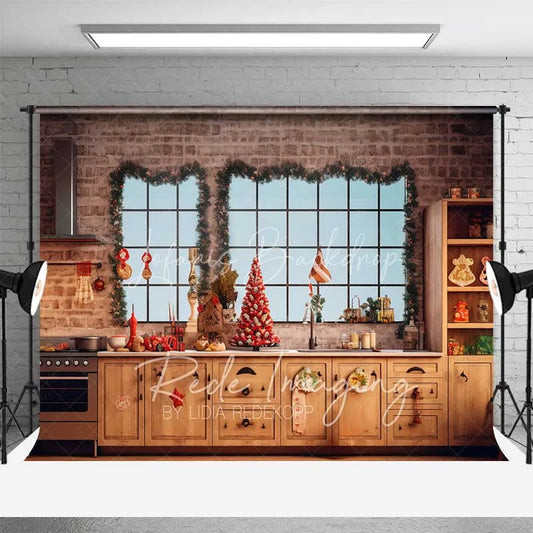 Lofaris Rustic Christmas Kitchen Backdrop Brick Wall Large Windows Red Berry Tree Baking Scene Photo Background