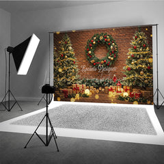 Lofaris Rustic Christmas Photography Backdrop Brick Wall with Trees and Wreath Bokeh Lights Holiday Photo Background