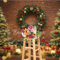 Lofaris Rustic Christmas Photography Backdrop Brick Wall with Trees and Wreath Bokeh Lights Holiday Photo Background