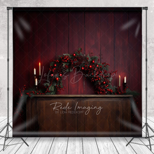 Lofaris Rustic Christmas Photography Backdrop Fireplace Mantel with Red Berry Garland Moody and Elegant Holiday Prop