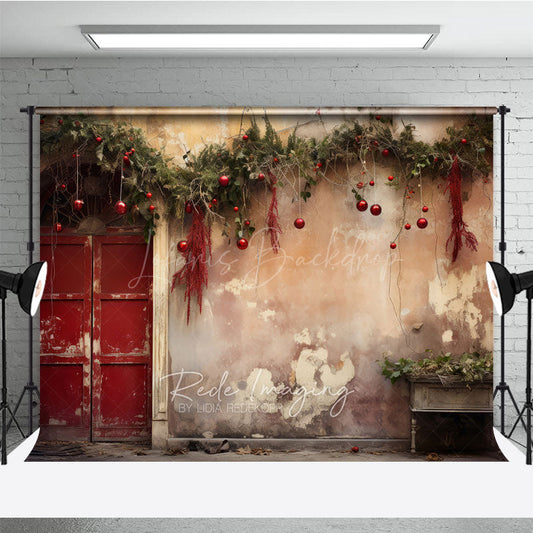 Lofaris Rustic Christmas Photography Backdrop Vintage Red Door with Berry Garland Old Wall Studio Photo Prop Decor