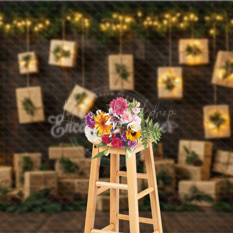 Lofaris Rustic Christmas Photography Backdrop with Hanging Lighted Presents Dark Wood Wall Unique Holiday Photo Background