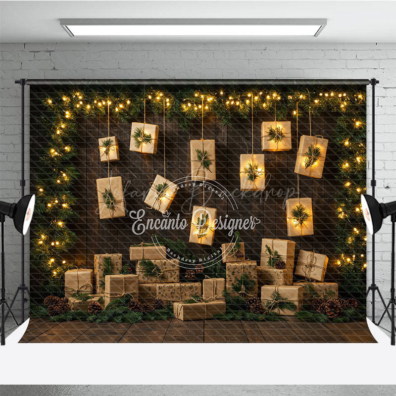 Lofaris Rustic Christmas Photography Backdrop with Hanging Lighted Presents Dark Wood Wall Unique Holiday Photo Background
