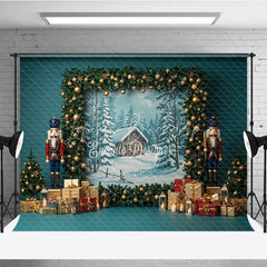 Lofaris Rustic Christmas Photography Backdrop with Nutcrackers Snowy Cabin Painting Holiday Mini Session Background