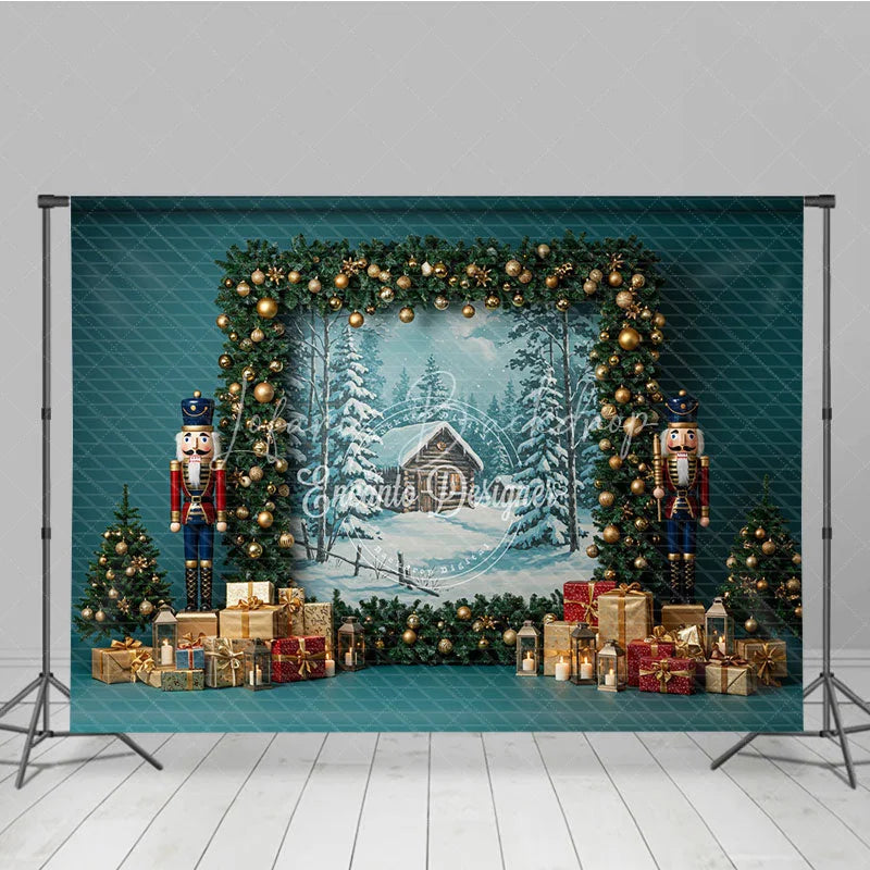 Lofaris Rustic Christmas Photography Backdrop with Nutcrackers Snowy Cabin Painting Holiday Mini Session Background