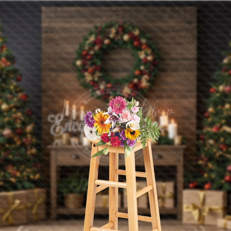 Lofaris Rustic Christmas Photography Backdrop Wood Wall with Trees and Wreath Farmhouse Holiday Mini Session Background