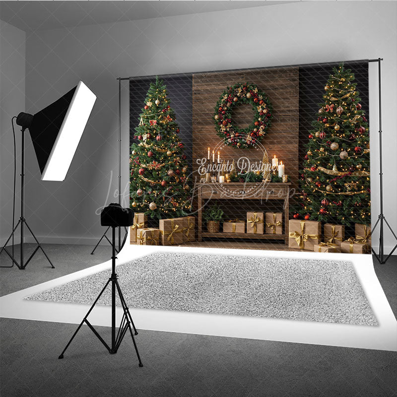 Lofaris Rustic Christmas Photography Backdrop Wood Wall with Trees and Wreath Farmhouse Holiday Mini Session Background