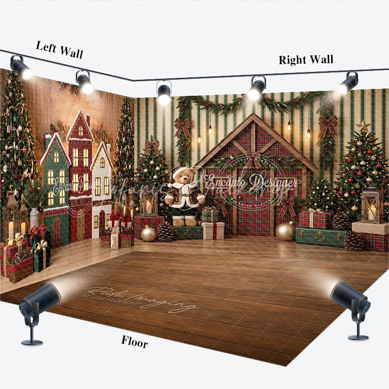 Lofaris Rustic Christmas Room Set Backdrop with Decorated Trees Cozy Houses and Teddy Bear Winter Holiday Photo Prop