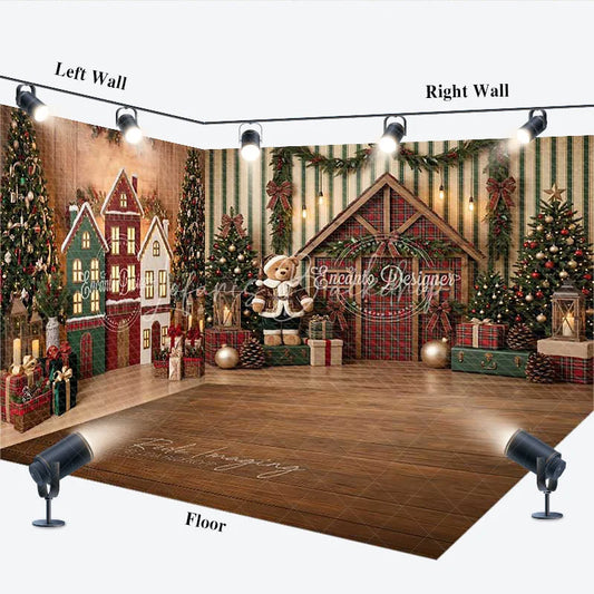 Lofaris Rustic Christmas Room Set Backdrop with Decorated Trees Cozy Houses and Teddy Bear Winter Holiday Photo Prop