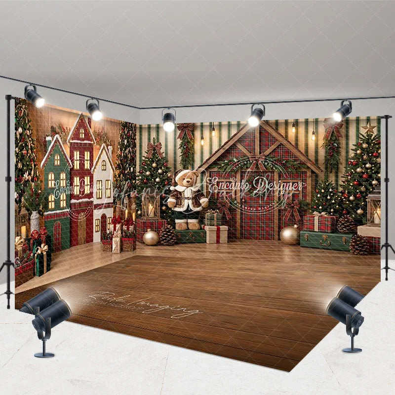 Lofaris Rustic Christmas Room Set Backdrop with Decorated Trees Cozy Houses and Teddy Bear Winter Holiday Photo Prop