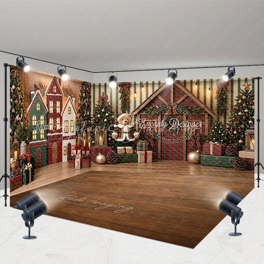 Lofaris Rustic Christmas Room Set Backdrop with Decorated Trees Cozy Houses and Teddy Bear Winter Holiday Photo Prop