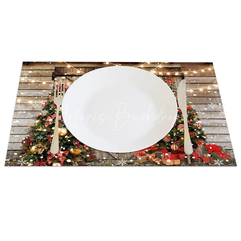 Lofaris Rustic Christmas Set of 4 Placemats Barn Door with String Lights Xmas Trees Farmhouse Table Mats