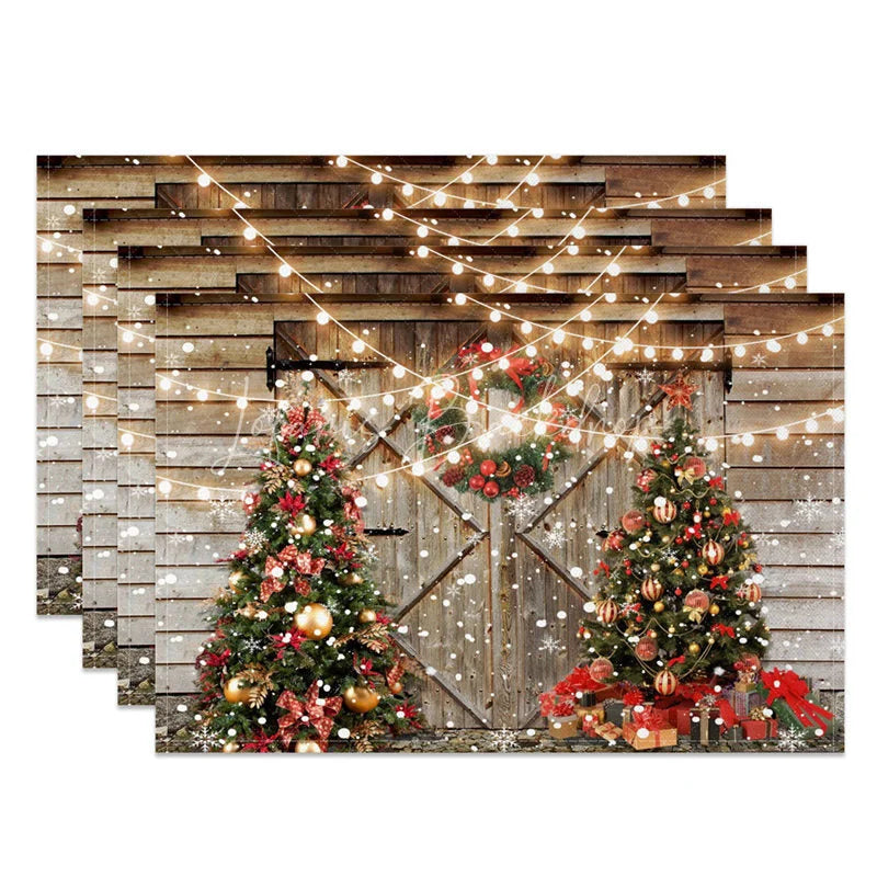 Lofaris Rustic Christmas Set of 4 Placemats Barn Door with String Lights Xmas Trees Farmhouse Table Mats