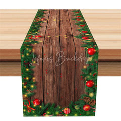Lofaris Rustic Christmas Table Runner Wood Grain with Garland Red Ornaments String Lights Holiday Decor