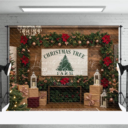 Lofaris Rustic Christmas Tree Farm Photography Backdrop Wood Wall with Chandelier Farmhouse Holiday Photo Background