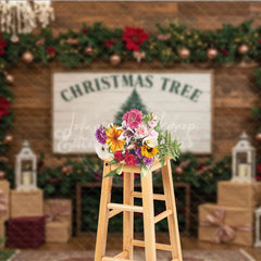Lofaris Rustic Christmas Tree Farm Photography Backdrop Wood Wall with Chandelier Farmhouse Holiday Photo Background