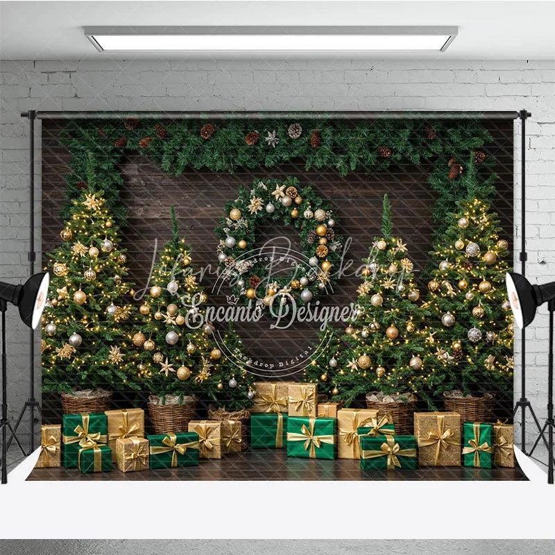 Lofaris Rustic Christmas Tree Farm Photography Backdrop Wood Wall with Garland Green and Gold Holiday Background