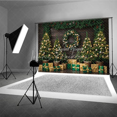 Lofaris Rustic Christmas Tree Farm Photography Backdrop Wood Wall with Garland Green and Gold Holiday Background