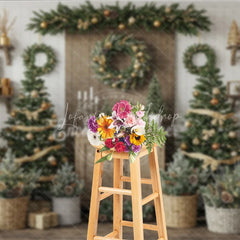 Lofaris Rustic Christmas Tree Farm Photography Backdrop Wooden Shelves with Wreaths Farmhouse Holiday Mini Session Background
