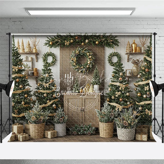 Lofaris Rustic Christmas Tree Farm Photography Backdrop Wooden Shelves with Wreaths Farmhouse Holiday Mini Session Background