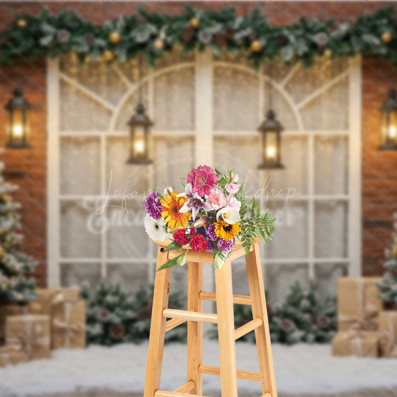 Lofaris Rustic Christmas Window Photography Backdrop Brick Wall with Flocked Trees Snowy Holiday Photo Background