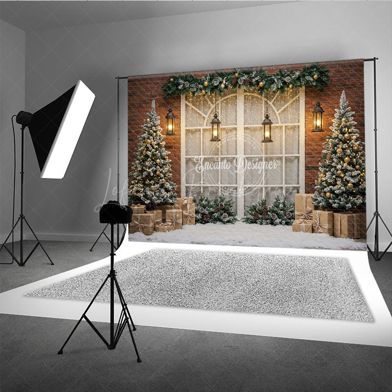 Lofaris Rustic Christmas Window Photography Backdrop Brick Wall with Flocked Trees Snowy Holiday Photo Background