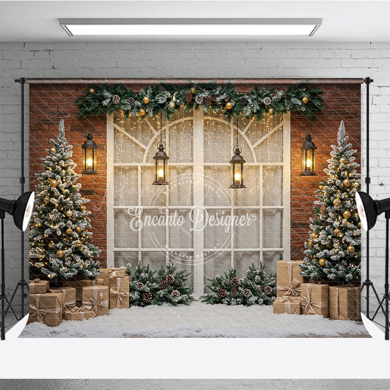 Lofaris Rustic Christmas Window Photography Backdrop Brick Wall with Flocked Trees Snowy Holiday Photo Background