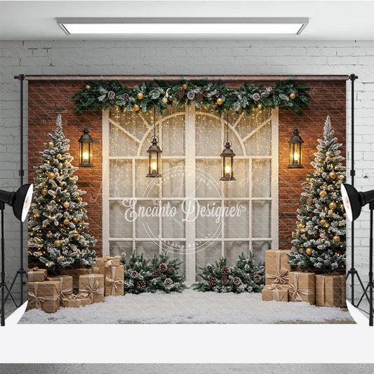Lofaris Rustic Christmas Window Photography Backdrop Brick Wall with Flocked Trees Snowy Holiday Photo Background