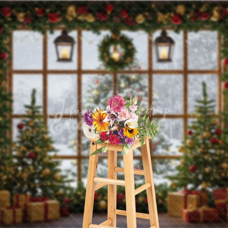 Lofaris Rustic Christmas Window Photography Backdrop Snowy View with Garland and Trees Holiday Mini Session Background