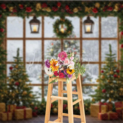 Lofaris Rustic Christmas Window Photography Backdrop Snowy View with Garland and Trees Holiday Mini Session Background