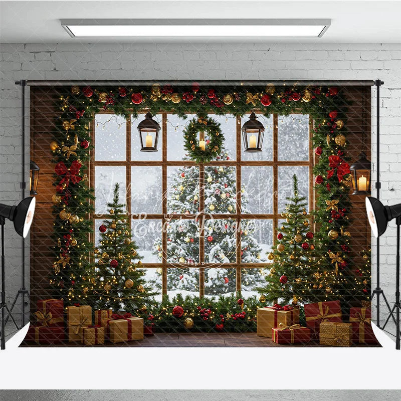 Lofaris Rustic Christmas Window Photography Backdrop Snowy View with Garland and Trees Holiday Mini Session Background